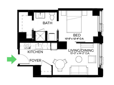 Floor plan for 1 bed, 1 bath, 529 sqft